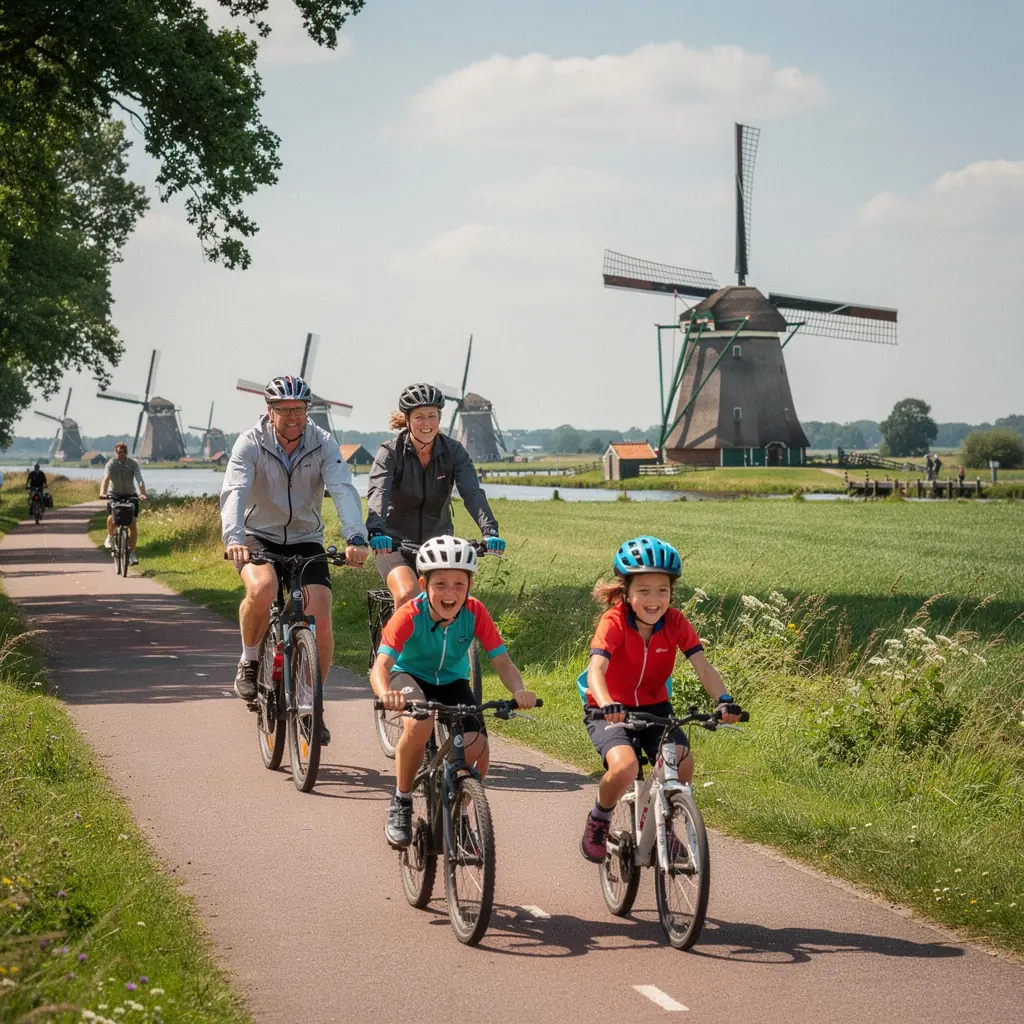 Traditionele Nederlandse molen draaiend in de wind met een helderblauwe lucht op de achtergrond.