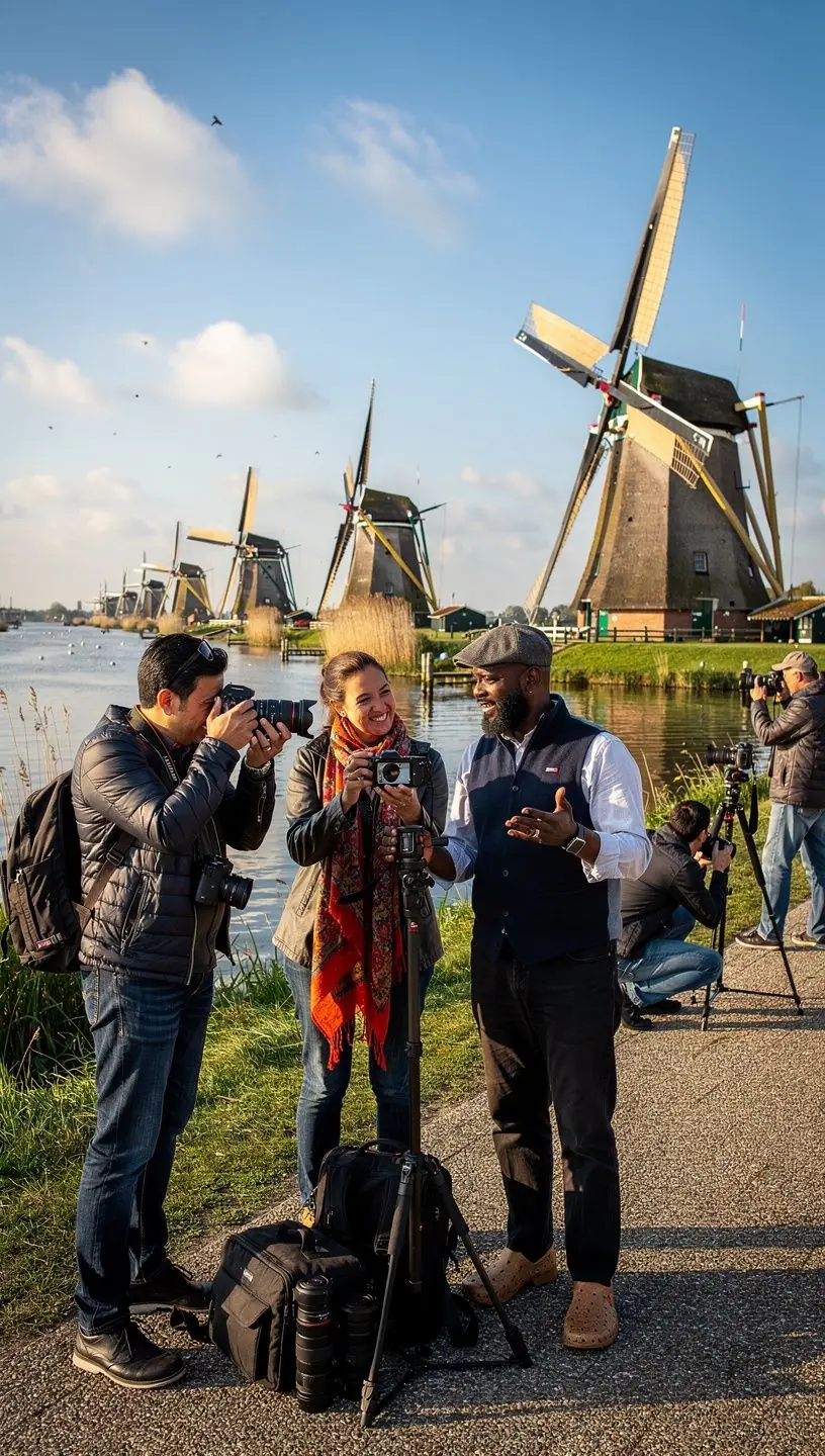 Fietspad langs de schilderachtige molens van Kinderdijk, omgeven door groene weilanden en bloeiende bloemen.