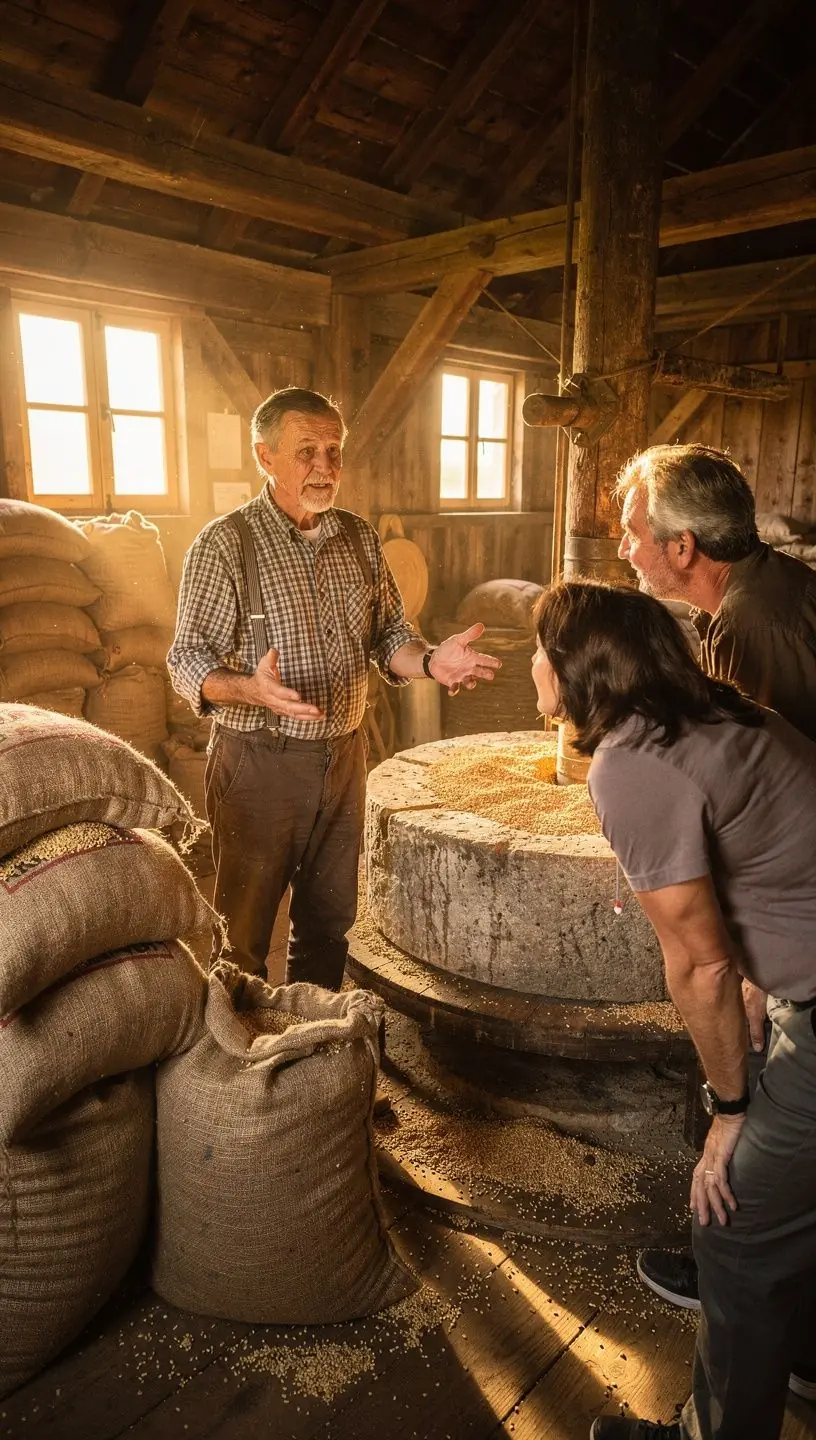 Een close-up van de wieken van een molen die draaien, met een zonsondergang in de achtergrond.
